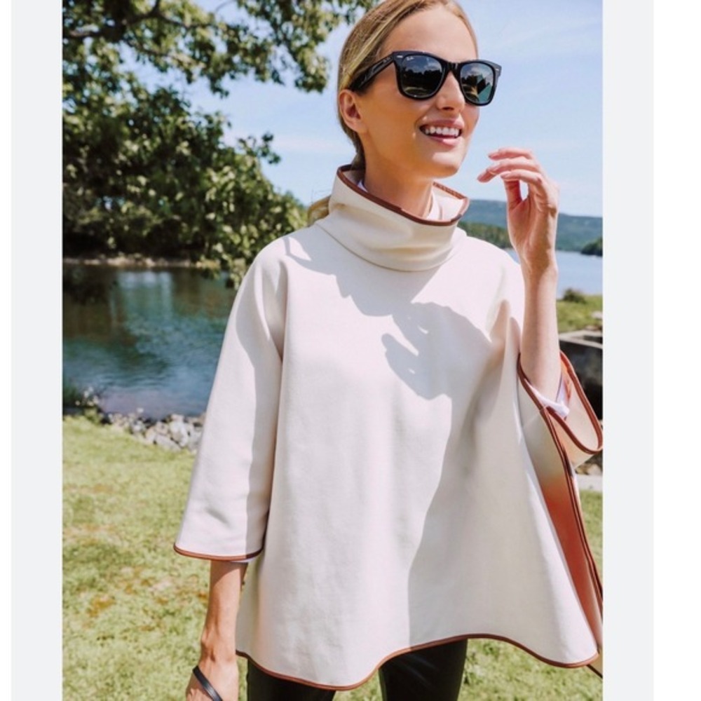Tuckernuck Funnel Neck Piper Poncho Cream Brown Leather Trim Coastal Old Money
